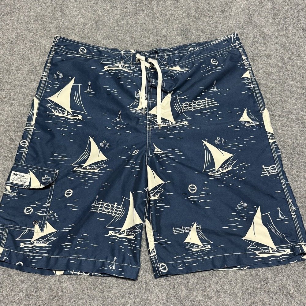 Polo Ralph Lauren Swim Trunks Mens XL Blue Sailboat Boat Print AOP Cargo Lined